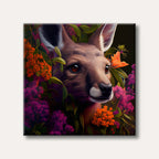 A close-up portrait of a kangaroo's head surrounded by lush, vibrant orange and fuchsia flowers and green foliage, painted in a semi-realistic, lush style.