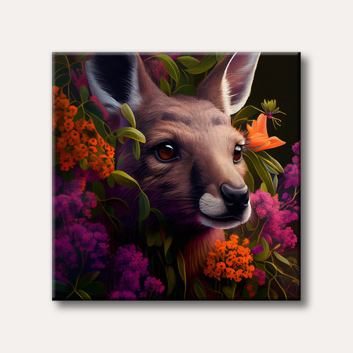 A close-up portrait of a kangaroo's head surrounded by lush, vibrant orange and fuchsia flowers and green foliage, painted in a semi-realistic, lush style.