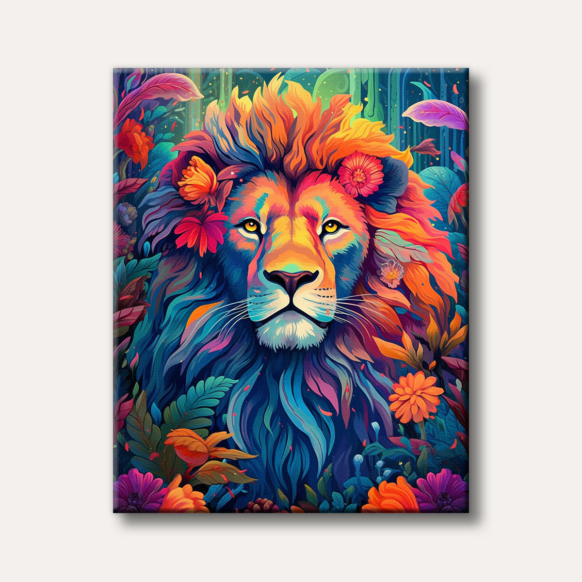 A vibrant, highly stylized close-up painting of a lion's head and mane, depicted with a kaleidoscope of bright colours and surrounded by lush, colourful jungle foliage and flowers, evoking a powerful and fantastical mood.