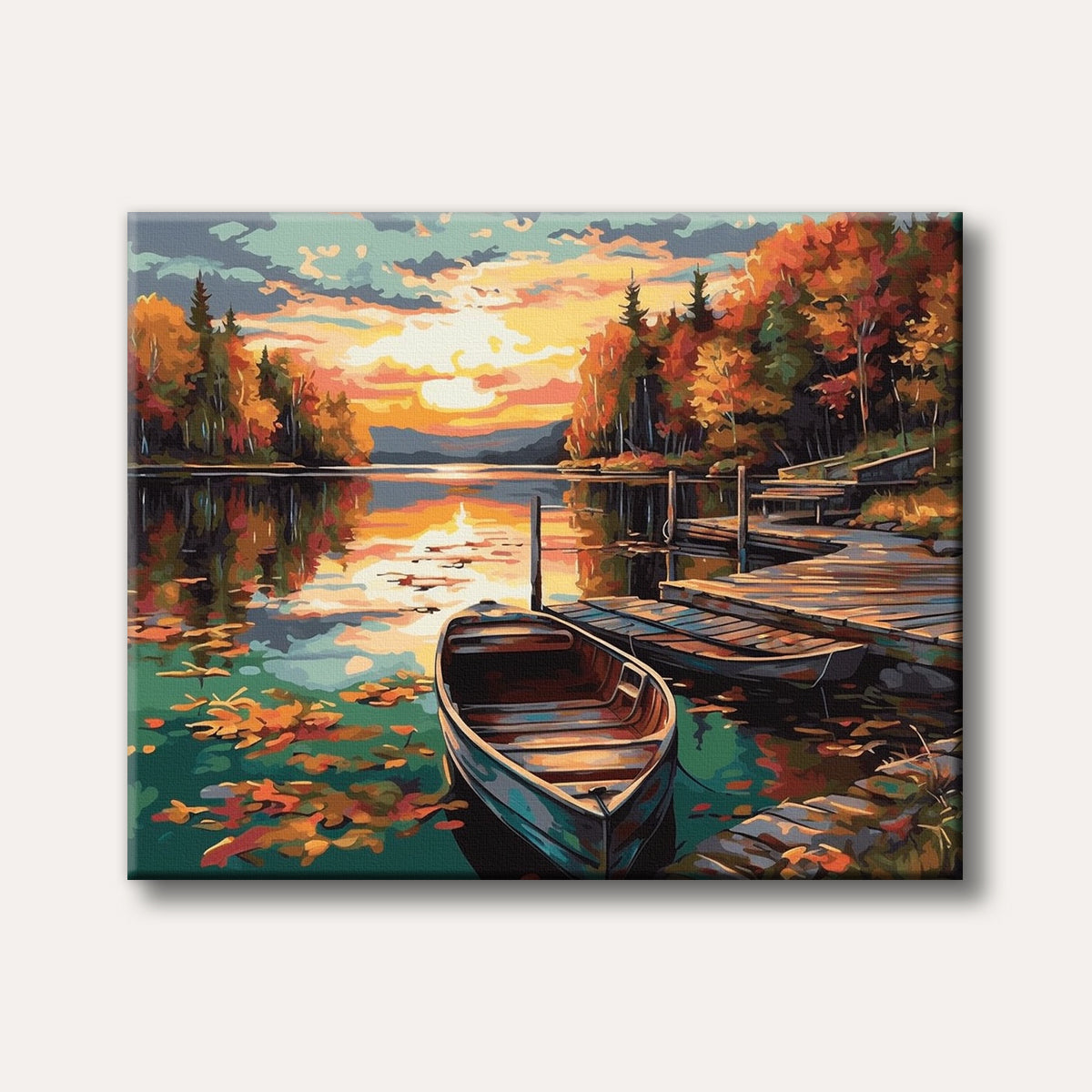 A painterly depiction of an autumn lakeside scene at sunset, with a small boat tied to a wooden dock amidst vibrant orange and red foliage, reflecting on the calm water.