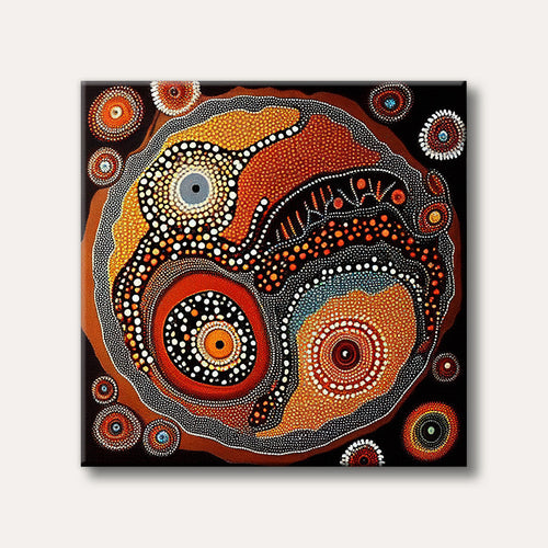 An intricate abstract dot painting in warm earthy tones featuring large central shapes and smaller circular motifs, reminiscent of traditional Aboriginal art.