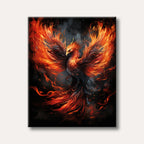 A majestic phoenix with brilliant orange and red fiery wings and tail, soaring against a dark, smoky background, rendered in a dynamic, illustrative style.