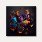 Two large, detailed butterflies with vibrant purple, orange, and blue wings adorned with glittering gold accents, surrounded by smaller sparkling butterflies on a dark, textured background.