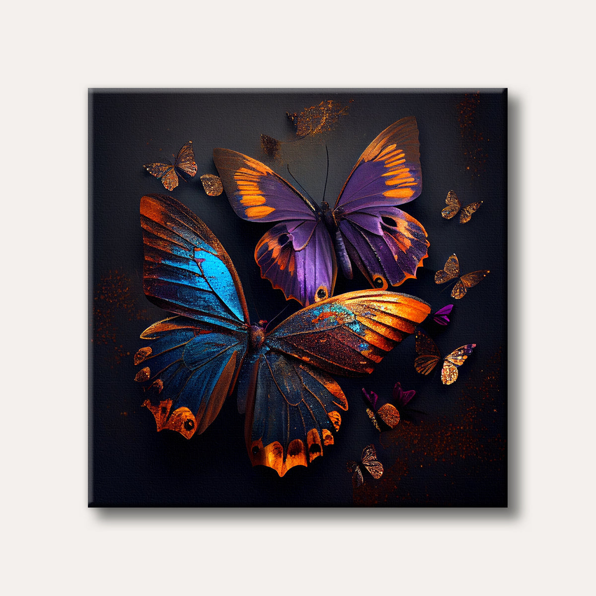 Two large, detailed butterflies with vibrant purple, orange, and blue wings adorned with glittering gold accents, surrounded by smaller sparkling butterflies on a dark, textured background.