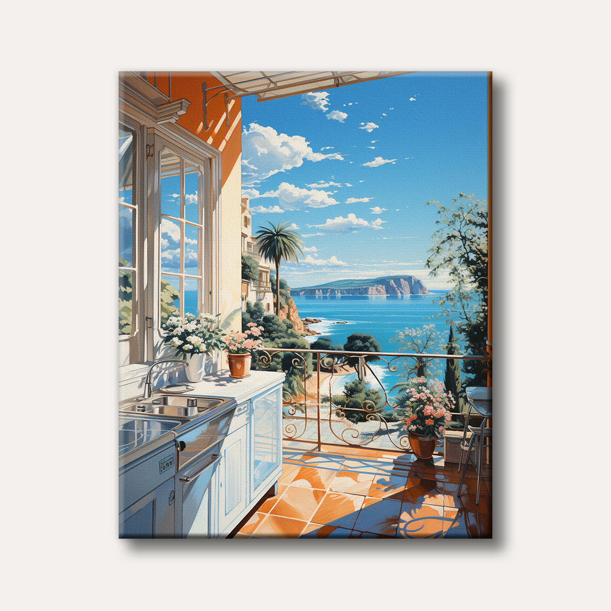 A vibrant painting from a balcony overlooking a bright blue Mediterranean sea with distant cliffs under a clear sky, featuring a kitchen counter and potted plants in the foreground, rendered in a sunny, idyllic style.
