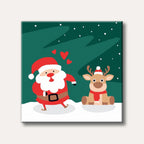 A cartoon-style illustration showing Santa Claus smiling at a reindeer wearing a Santa hat and scarf, set against a dark green background with snow.