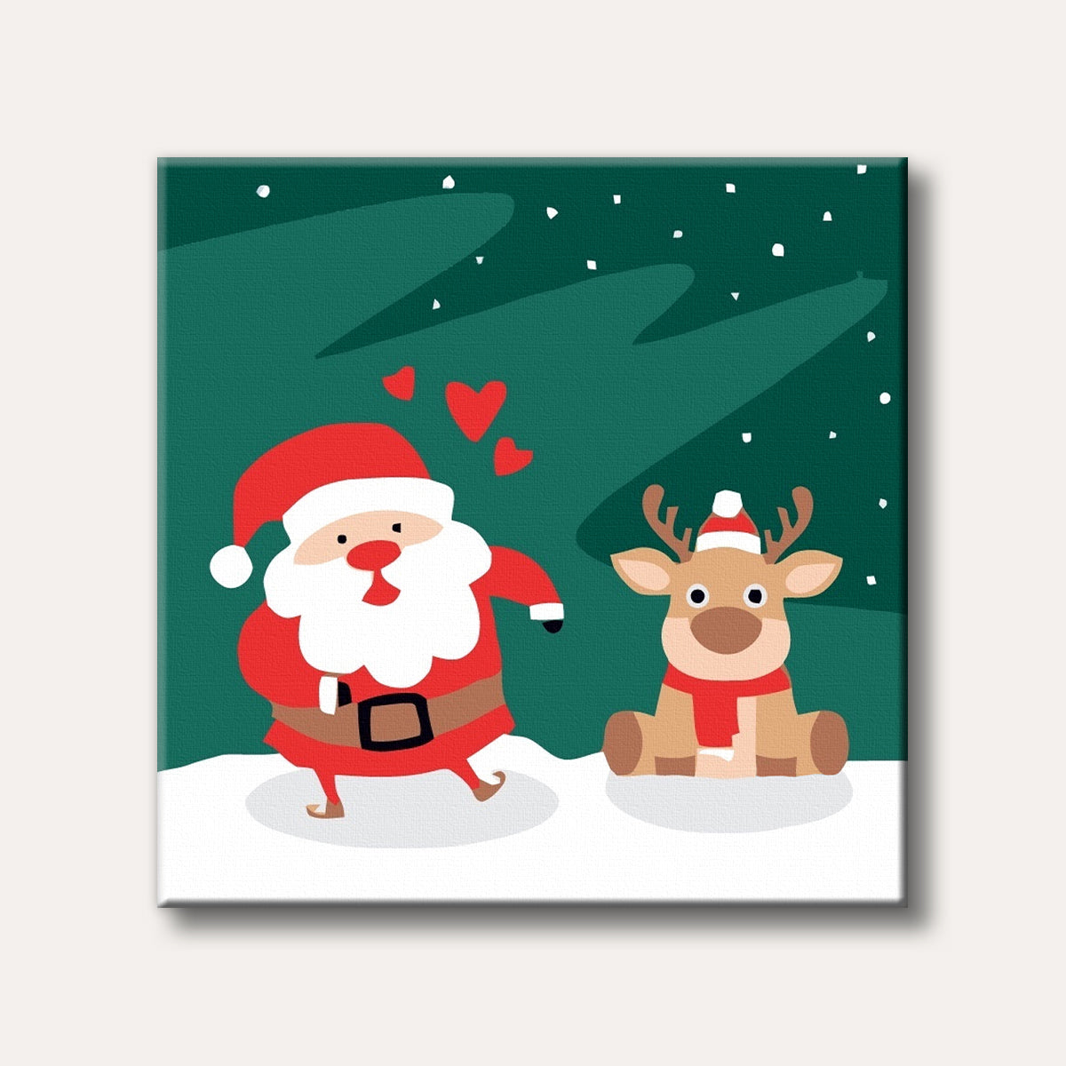 A cartoon-style illustration showing Santa Claus smiling at a reindeer wearing a Santa hat and scarf, set against a dark green background with snow.
