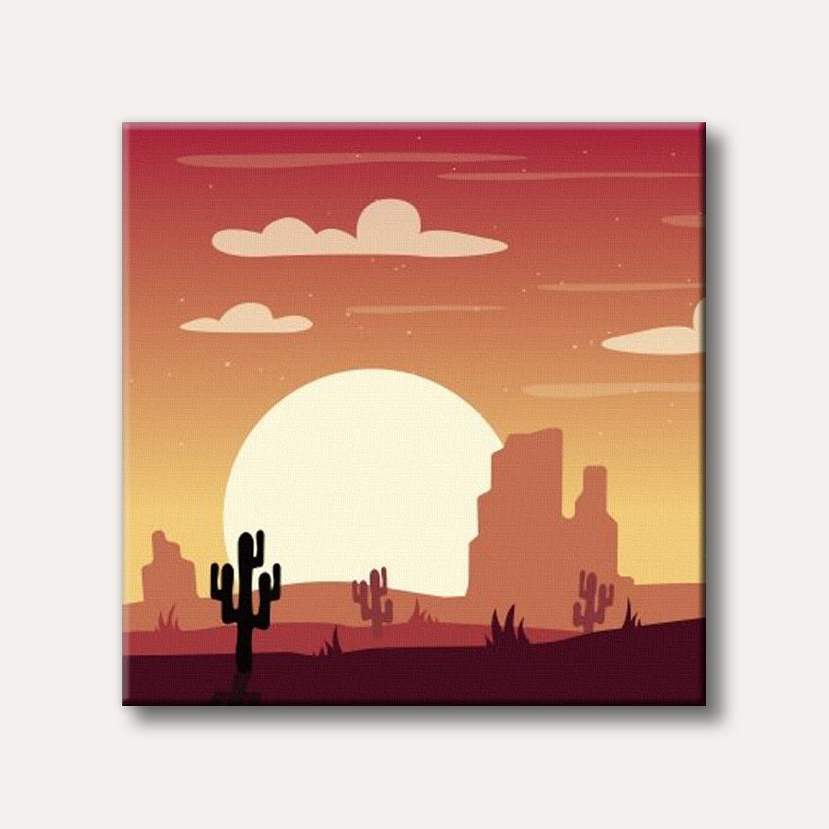 A flat design illustration of a desert sunset with a large glowing sun, silhouetted cacti, and mesa formations under a gradient sky.