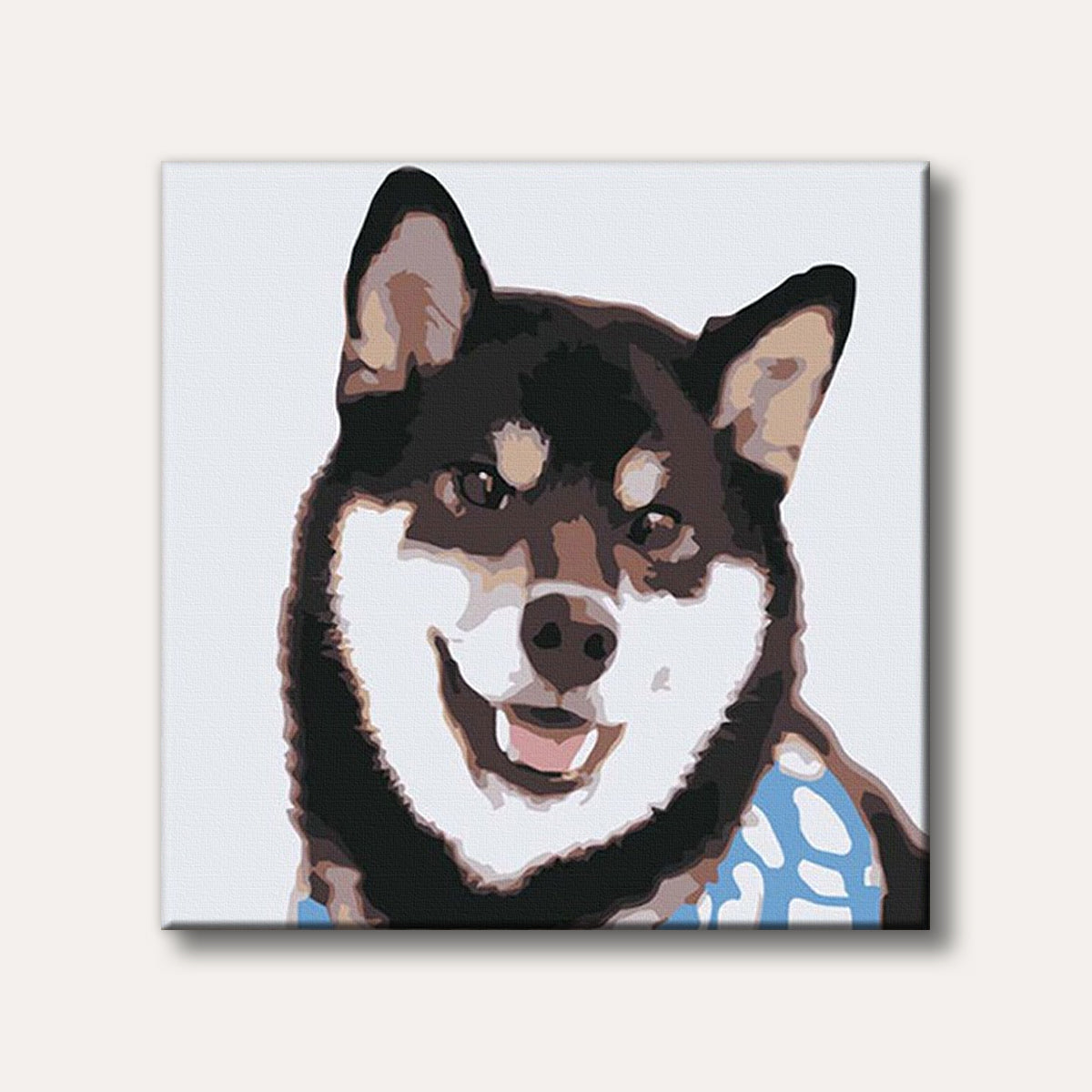 A close-up portrait of a smiling Shiba Inu dog with black, brown, and white fur, wearing a blue patterned collar, rendered in a simplified, graphic art style.