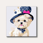 An adorable white puppy wearing a blue polka-dot hat with a pink bow and a matching bow tie, rendered in a charming, illustrative style.
