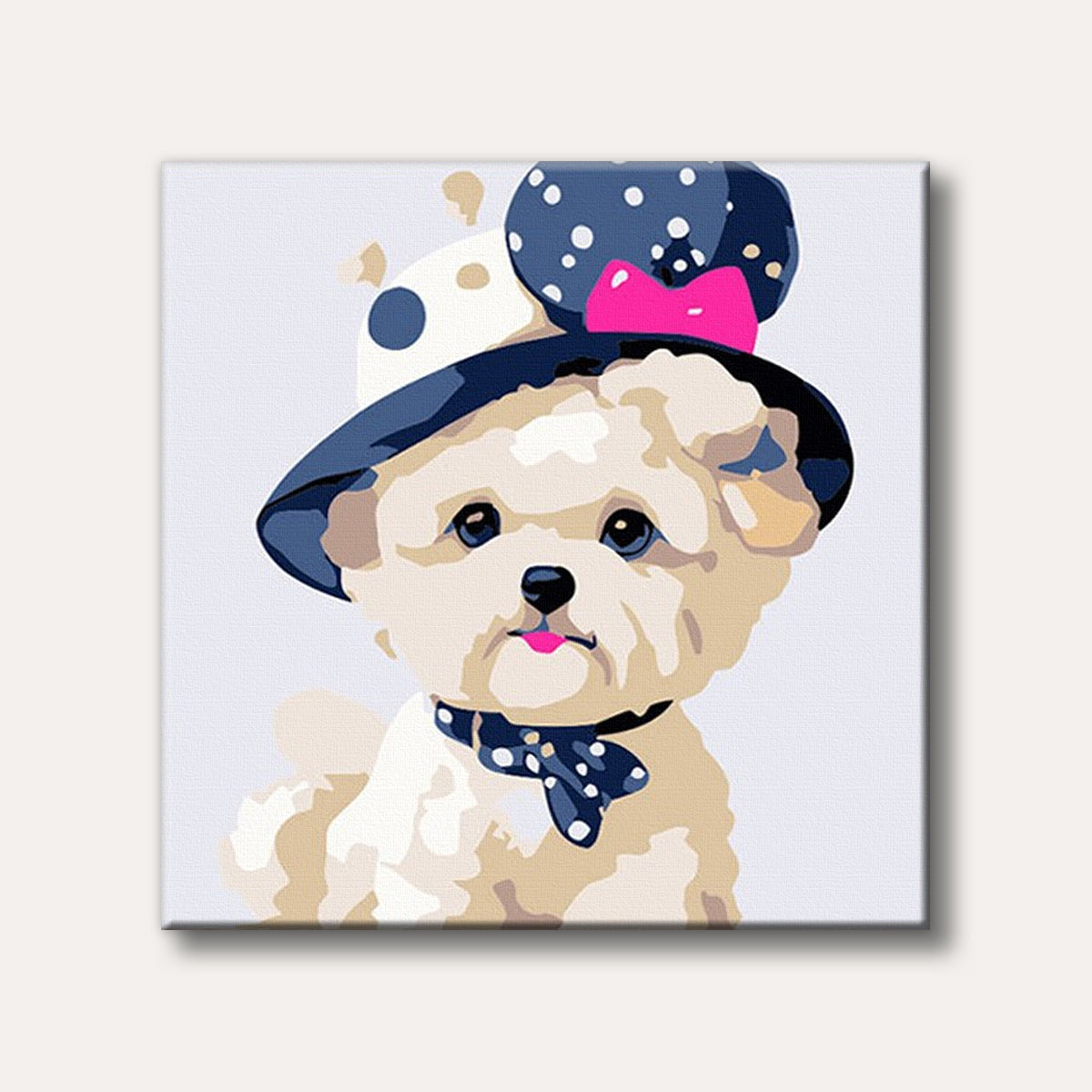 An adorable white puppy wearing a blue polka-dot hat with a pink bow and a matching bow tie, rendered in a charming, illustrative style.