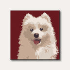 A cheerful white fluffy dog with a happy expression and tongue out, painted in a graphic, simplified art style against a solid maroon background.