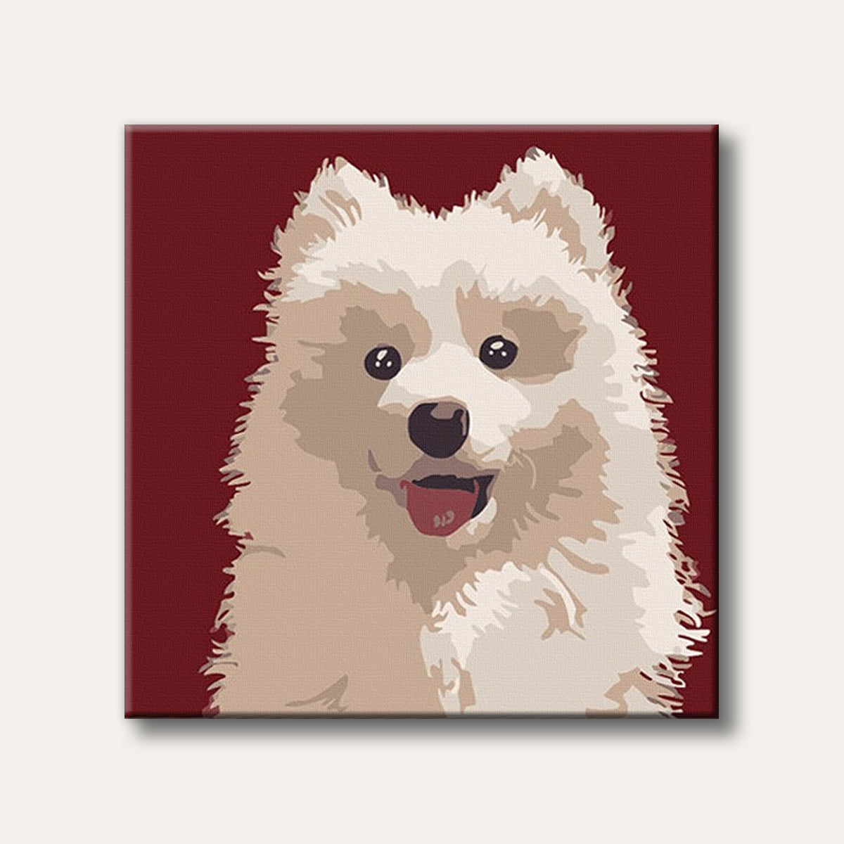 A cheerful white fluffy dog with a happy expression and tongue out, painted in a graphic, simplified art style against a solid maroon background.