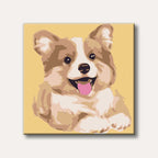 A cheerful corgi dog with its tongue out, depicted in a simplified, blocky art style on a warm yellow background.