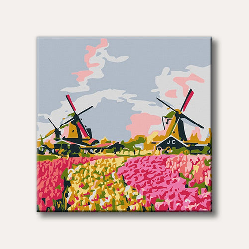 An artistic painting of traditional Dutch windmills standing above vibrant fields of pink and yellow tulips under a soft sky.