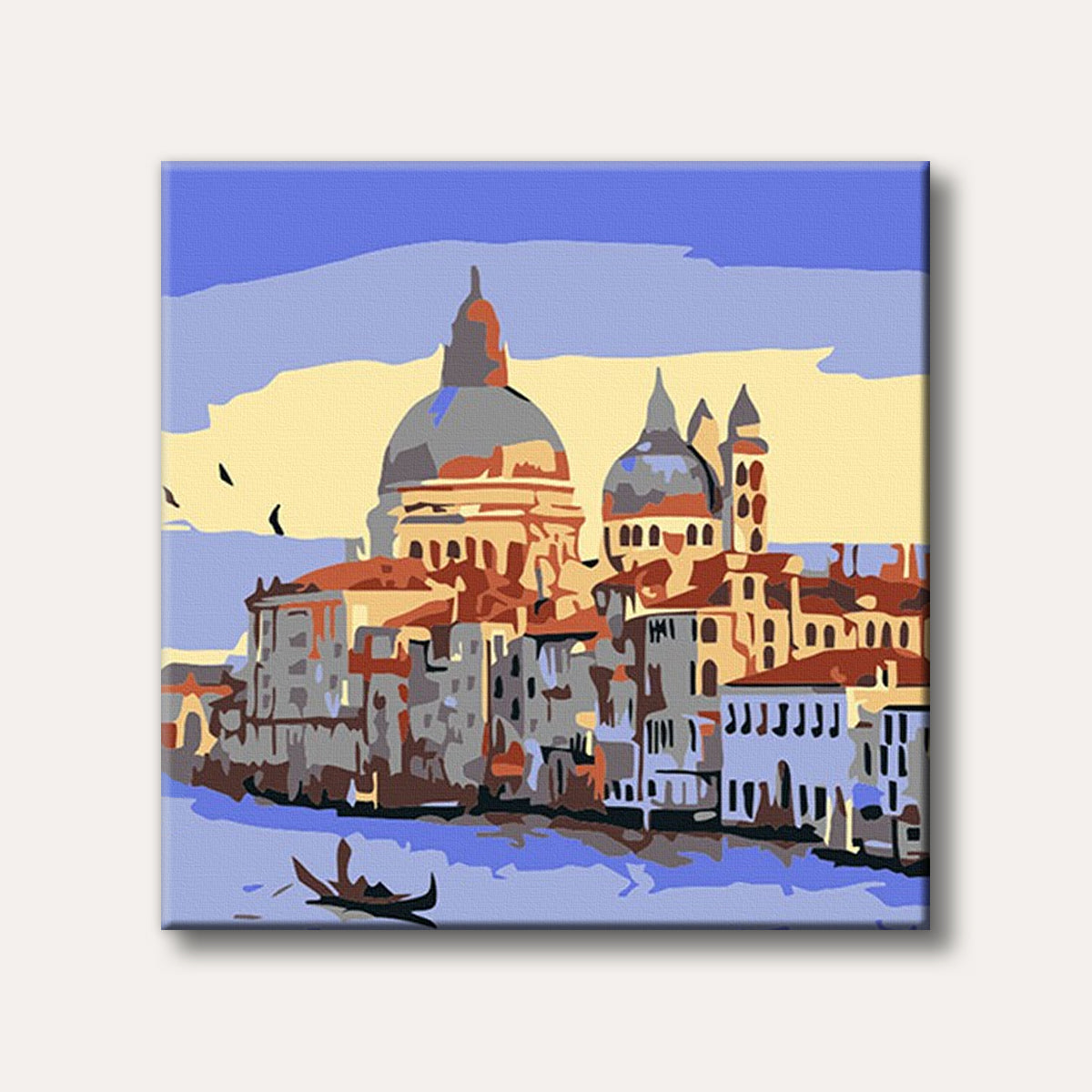 A stylized depiction of the Venice skyline with prominent domes and buildings lining a canal, featuring a gondola on the water, rendered in a blocky, illustrative style.