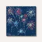 A stylized depiction of vibrant fireworks exploding in a dark blue night sky, featuring bursts of red, yellow, and blue colours, creating a festive and exciting atmosphere.