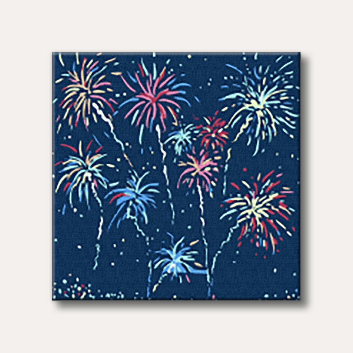 A stylized depiction of vibrant fireworks exploding in a dark blue night sky, featuring bursts of red, yellow, and blue colours, creating a festive and exciting atmosphere.