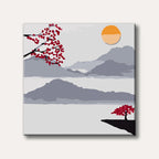 A minimalist landscape painting featuring misty grey mountains, a warm orange sun, and striking red-leafed trees in a serene, stylized composition.