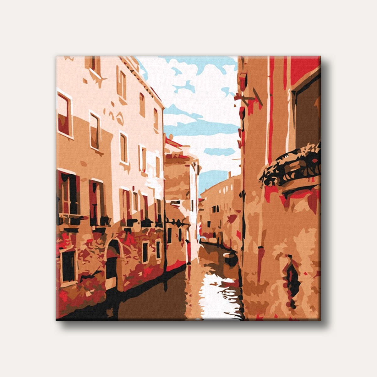 An artistic depiction of a narrow Venice canal with tall buildings on either side, reflecting warm light on the water, rendered in a simplified, block-colour style.