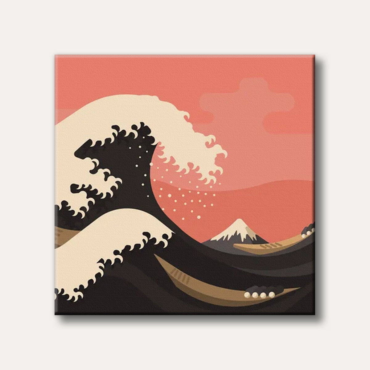 A stylized illustration of a towering ocean wave with white foam crashing over dark waters, featuring Mount Fuji in the background under a warm peach sky and small boats.