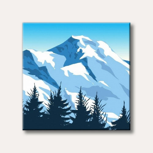 A stylized illustration of majestic blue and white snowy mountains with dark evergreen pine trees in the foreground, depicted in a calm, vector art style.