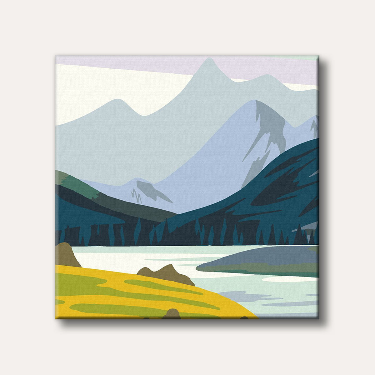 A minimalist illustration of a tranquil mountain lake surrounded by peaks and foreground hills, rendered in muted blue, green, and yellow tones.