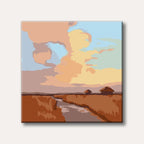 A simplified landscape painting shows a winding river through dry, earthy fields with two small huts under a sky with large, warm-toned clouds, evoking a serene and rustic atmosphere.