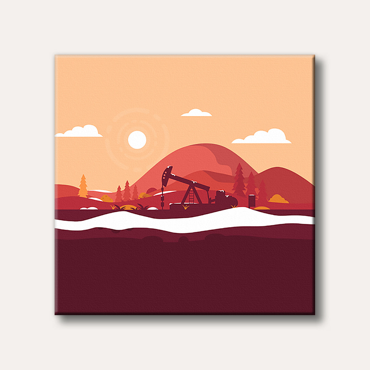 A stylized vector illustration of a black oil pump silhouetted against a layered desert landscape with red and orange hues, under a bright white sun.