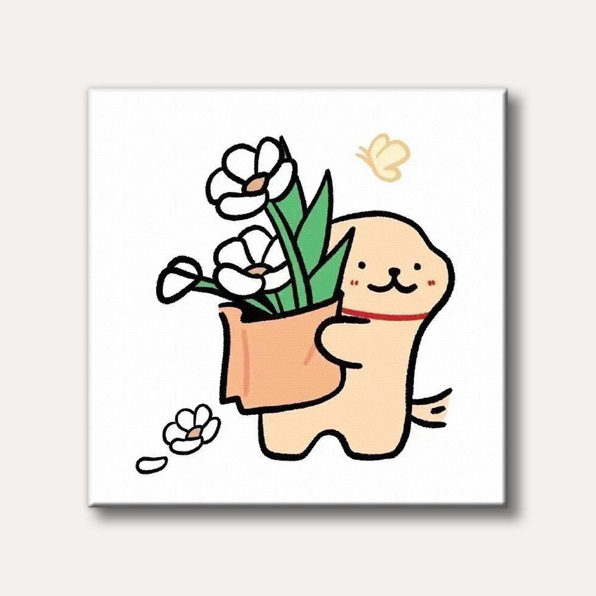A charming doodle-style illustration of a light brown dog happily carrying a pot of white flowers, with a small yellow butterfly fluttering nearby.