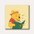 A happy cartoon Winnie the Pooh wearing a red headband and shirt, intently reading a green book, with Chinese characters floating next to him, set against a simple yellow background.