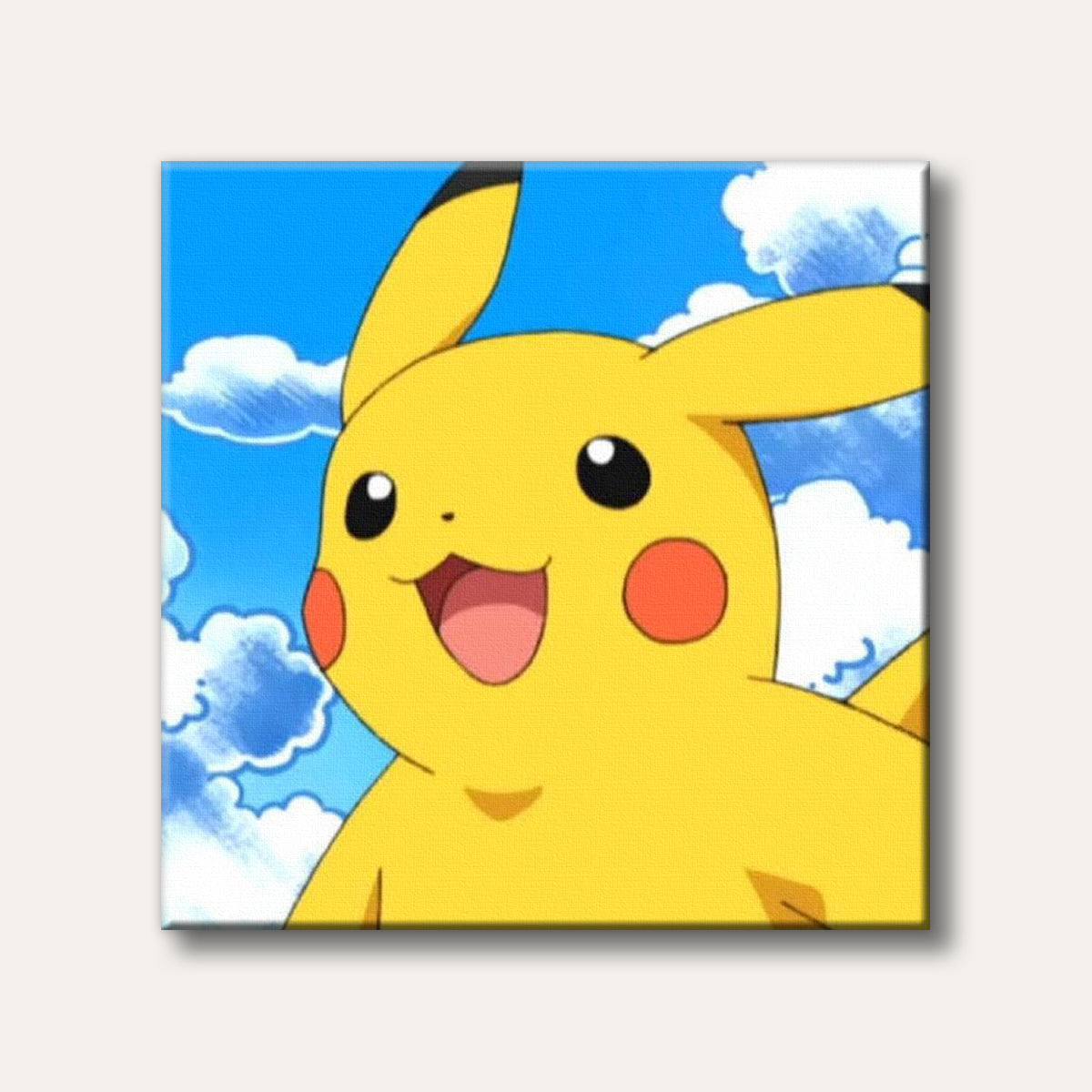 A cheerful yellow Pikachu with red cheeks smiles broadly against a bright blue sky with fluffy white clouds, depicted in a classic anime art style.