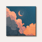 A stylized painting depicting a teal night sky with a glowing orange crescent moon and stars, surrounded by fluffy orange and dark grey clouds.