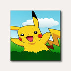 A bright yellow Pikachu with red cheeks smiles cheerfully, peeking over green grass against a blue sky, depicted in a classic anime art style.