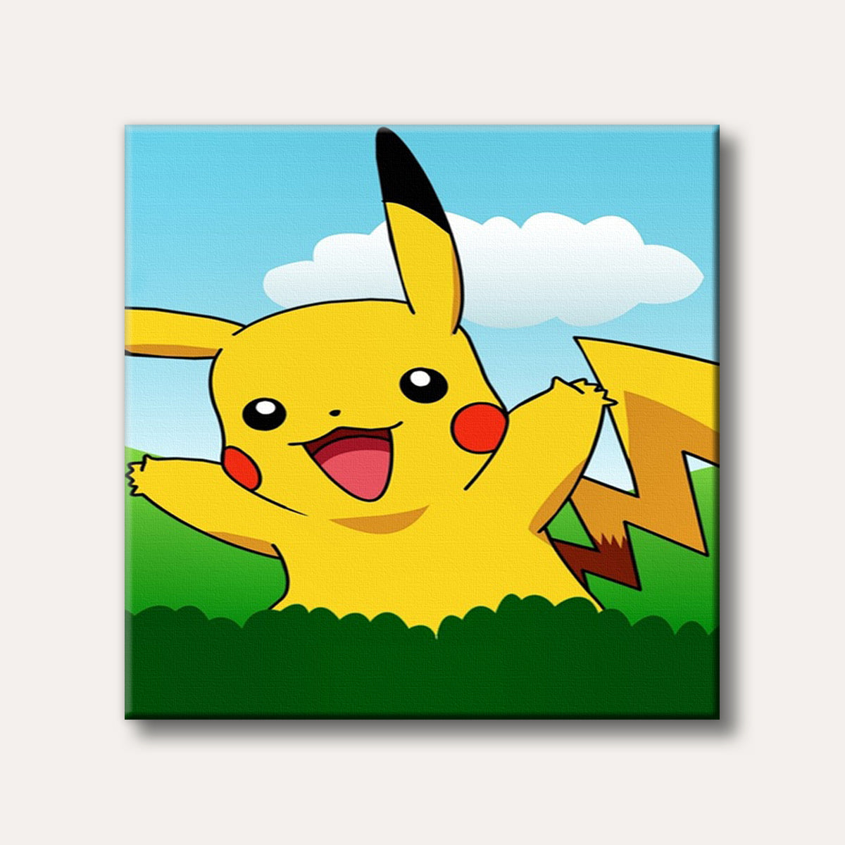 A bright yellow Pikachu with red cheeks smiles cheerfully, peeking over green grass against a blue sky, depicted in a classic anime art style.