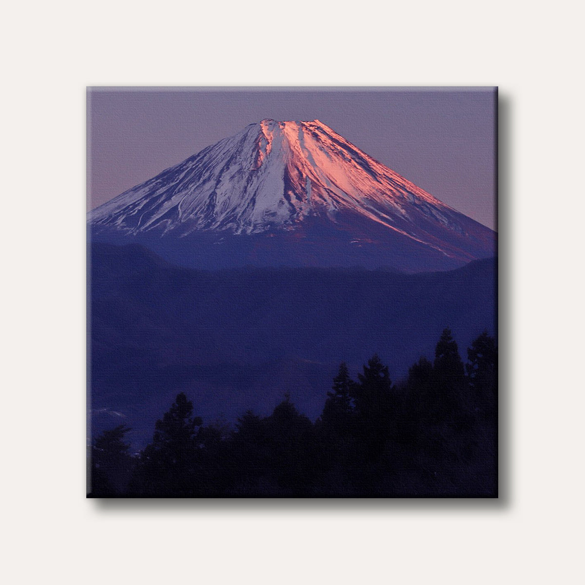 A majestic view of Mount Fuji, its snow-capped peak glowing with warm alpenglow against a dark blue mountainous landscape and silhouetted trees.