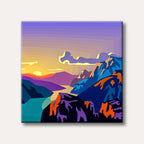 A vivid geometric landscape painting depicting a stylized sunset over angular mountains and a body of water, rendered in bold purples, blues, oranges, and yellows.