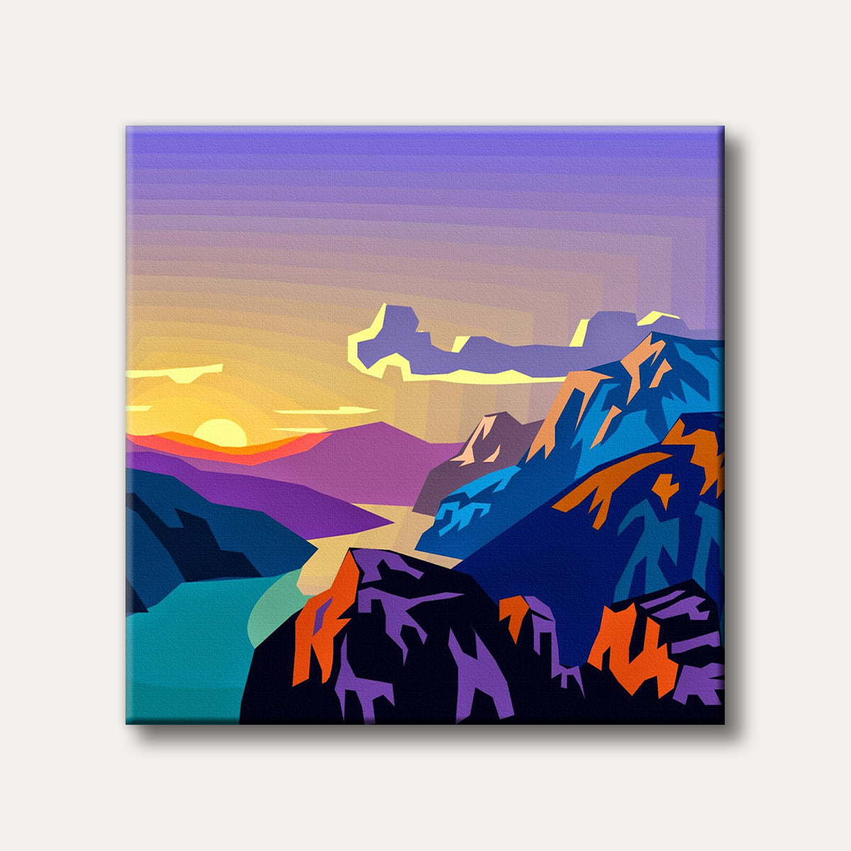 A vivid geometric landscape painting depicting a stylized sunset over angular mountains and a body of water, rendered in bold purples, blues, oranges, and yellows.