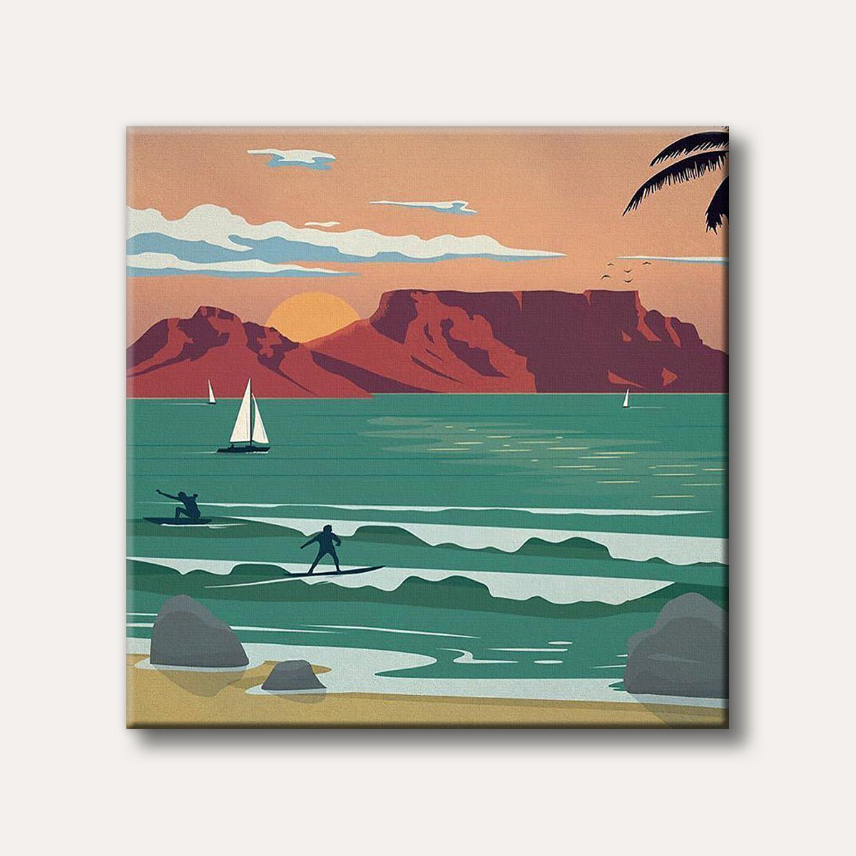 A stylized travel poster illustration featuring surfers and sailboats on a teal ocean with Table Mountain silhouetted against an orange sunset.