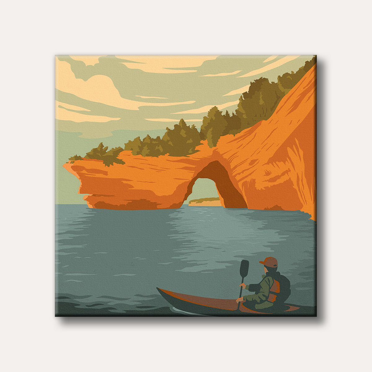 A person in a kayak paddles towards a massive natural sea arch in a stylized coastal landscape, rendered in a flat, vintage poster art style.