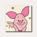 A whimsical cartoon illustration of Piglet from Winnie the Pooh, depicted with a wide, happy smile and small yellow stars, against a light cream background.