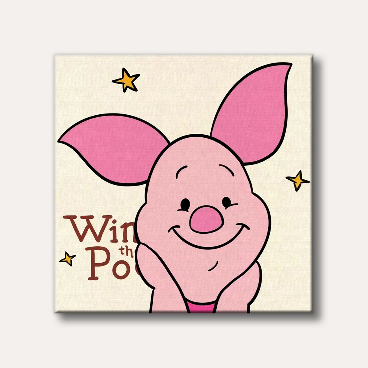 A whimsical cartoon illustration of Piglet from Winnie the Pooh, depicted with a wide, happy smile and small yellow stars, against a light cream background.
