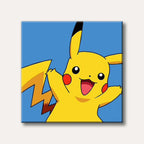 A joyful yellow Pikachu with black-tipped ears and red cheeks, smiling widely with arms raised against a bright blue background in a vibrant cartoon style.