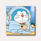 A charming cartoon image of Doraemon, the blue robot cat, smiling and wearing headphones, wrapped in a light blue blanket while holding a smartphone.