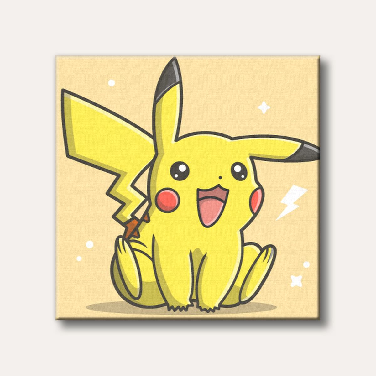 A cheerful yellow Pikachu character with black-tipped ears and red cheeks, sitting happily with a lightning bolt icon, rendered in a bright, animated cartoon style.