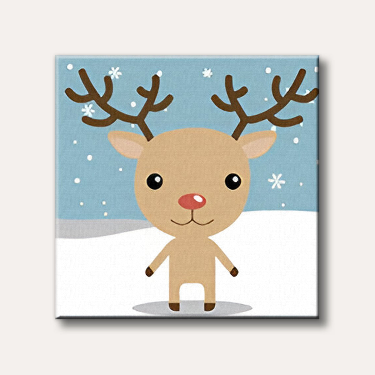 A cute cartoon reindeer with big eyes and a red nose stands in a simplistic snowy landscape with blue sky and white snowflakes, rendered in a flat, illustrative style.