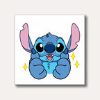 A happy blue cartoon alien character with large ears and a wide smile is shown holding its hands up, surrounded by bright yellow star sparkles, rendered in a simple, vibrant animated style.