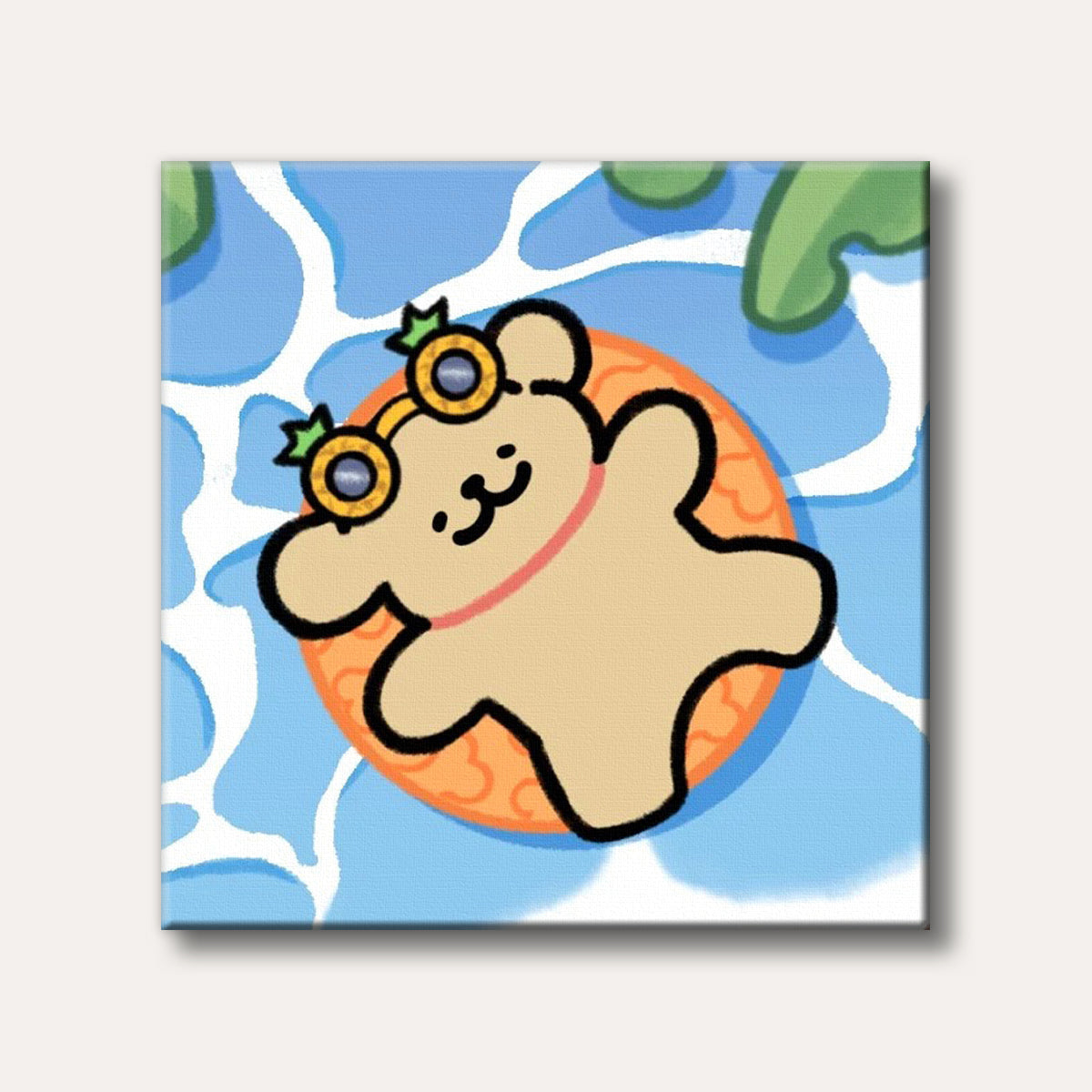 A cute, cartoon-style bear wearing pineapple sunglasses floats on an orange swim ring in blue water, depicted with a playful and summery mood.