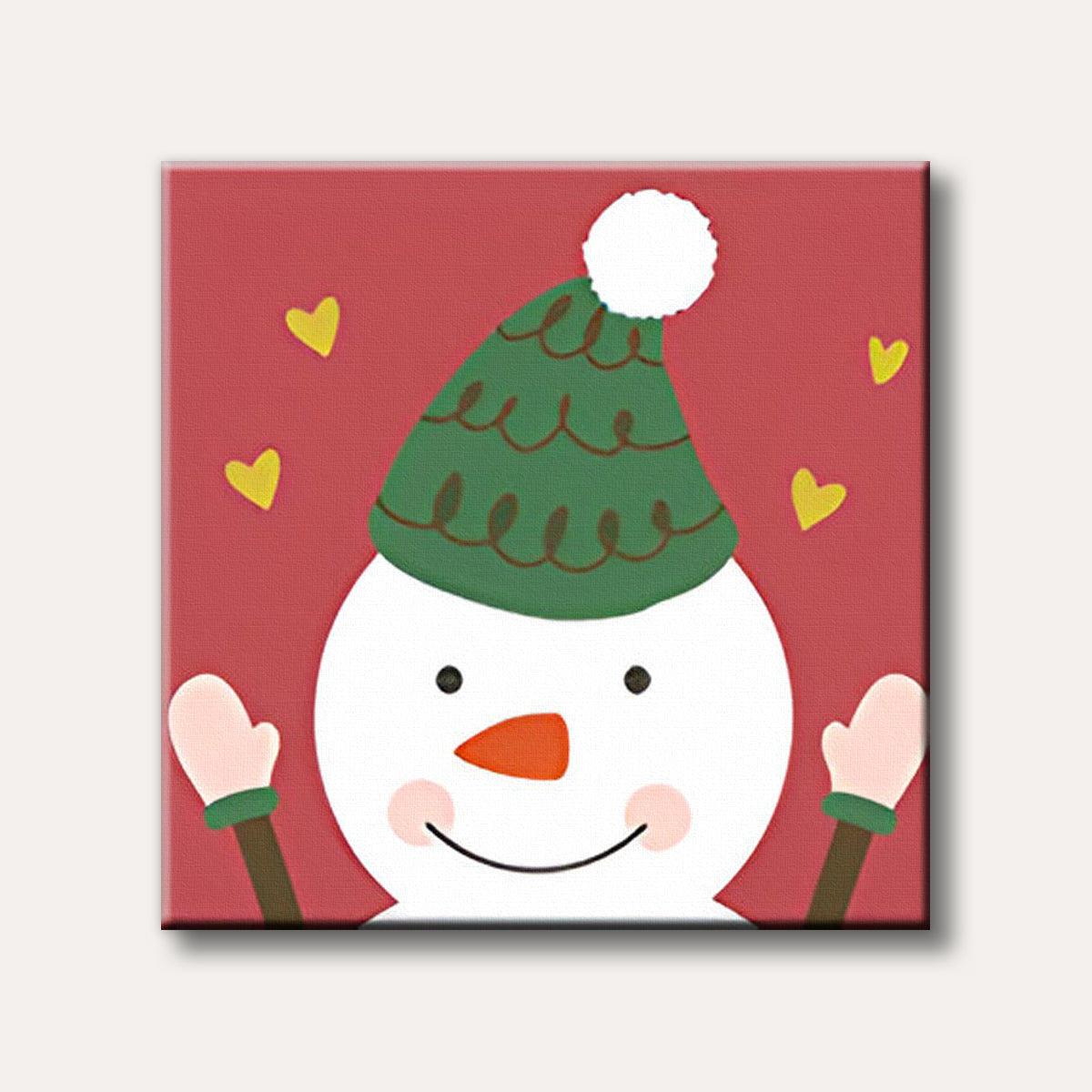 A cheerful cartoon snowman wearing a green bobble hat and pink mittens on a vibrant red background with small yellow hearts, depicted in a simple, cute style.