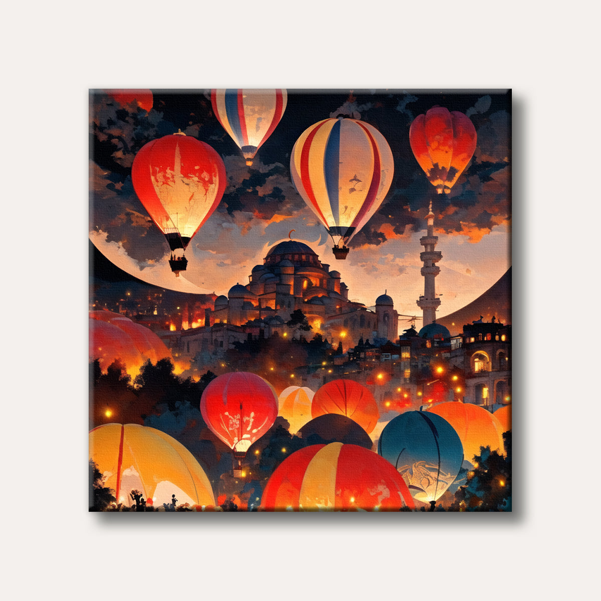 Numerous brightly lit hot air balloons ascend over an ancient city at twilight, featuring a grand domed mosque and minaret, rendered in a luminous, painterly style.